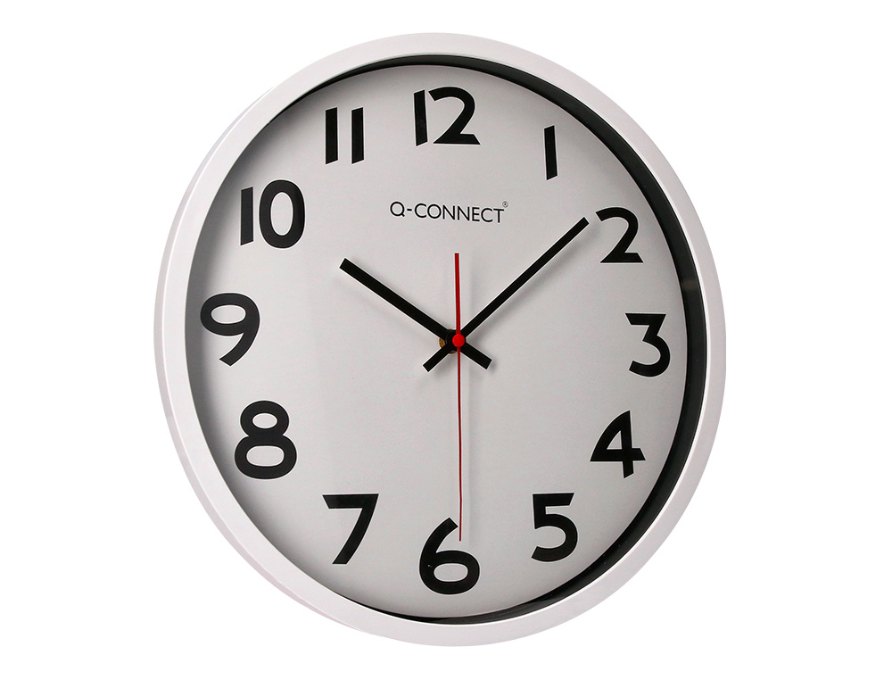HORLOGE Q-CONNECT MURALE PLASTIQUE DESIGN ACTUEL NUMÉROS NOIRS FOND BLANC 1 PILE AA NON FOURNIE DIAMÈTRE 34CM CHROMÉ