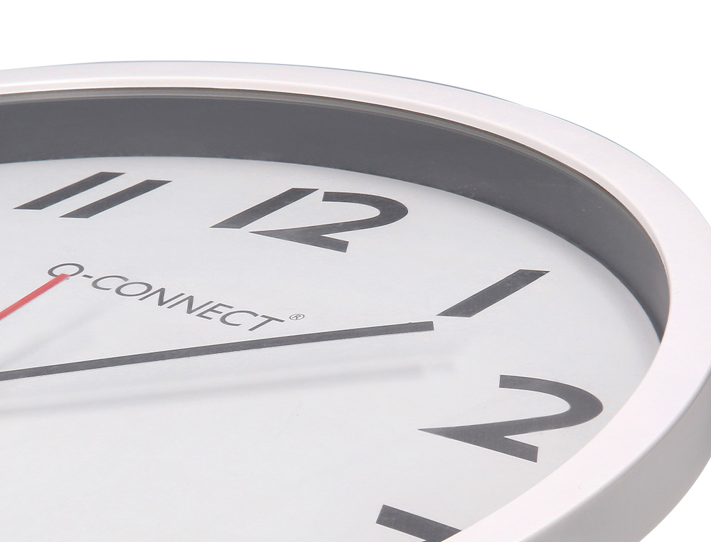 HORLOGE Q-CONNECT MURALE PLASTIQUE DESIGN ACTUEL NUMÉROS NOIRS FOND BLANC 1 PILE AA NON FOURNIE DIAMÈTRE 34CM CHROMÉ
