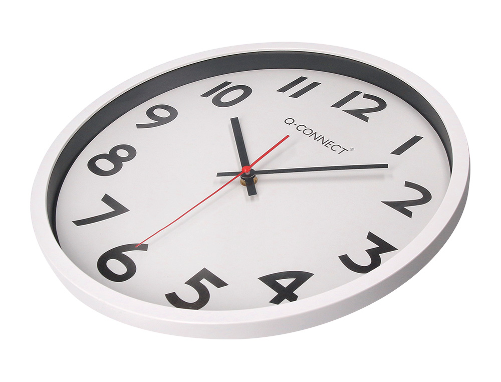 HORLOGE Q-CONNECT MURALE PLASTIQUE DESIGN ACTUEL NUMÉROS NOIRS FOND BLANC 1 PILE AA NON FOURNIE DIAMÈTRE 34CM CHROMÉ