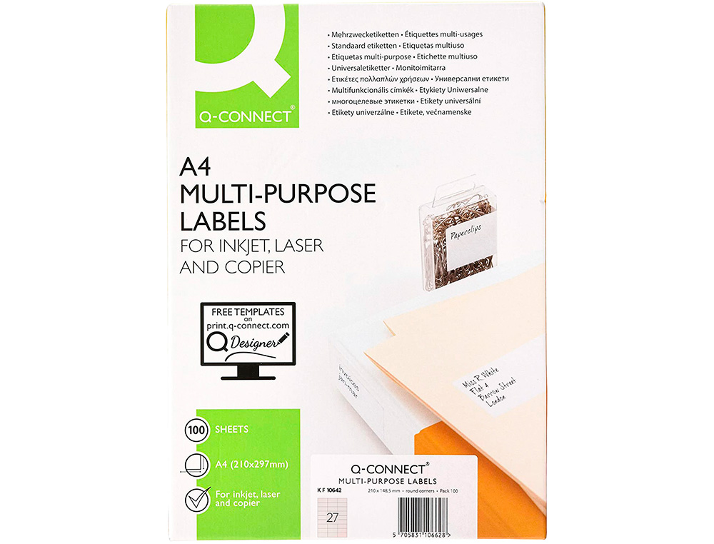 TIQUETTE ADHSIVE Q-CONNECT 70X30MM COINS DROITS IMPRIMANTE JET D'ENCRE LASER COPIEUR BOTE 100 FEUILLES 2700 UNITS