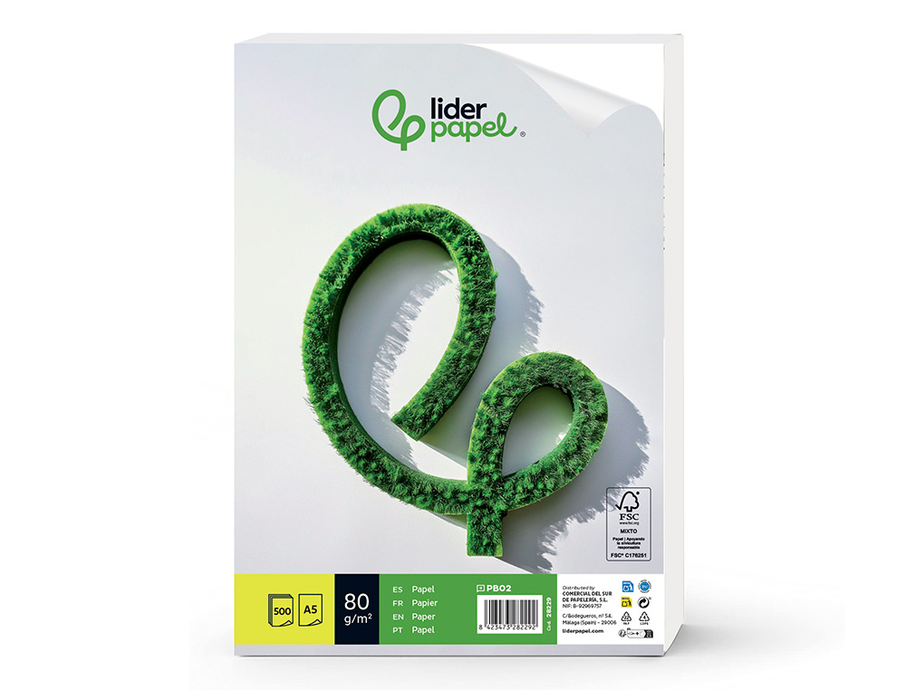 PAPIER CRITURE LIDERPAPEL A5 148X210MM BLANCHEUR EXTRA OPACIT 80G/M2 PAQUET 500 FEUILLES