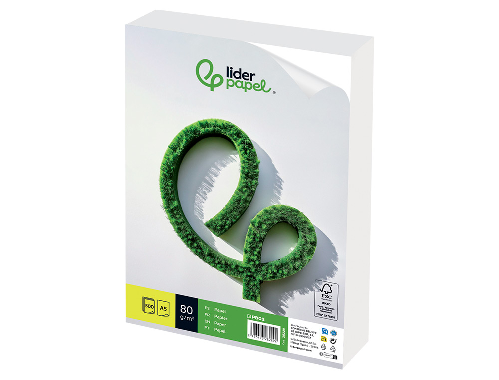 PAPIER CRITURE LIDERPAPEL A5 148X210MM BLANCHEUR EXTRA OPACIT 80G/M2 PAQUET 500 FEUILLES