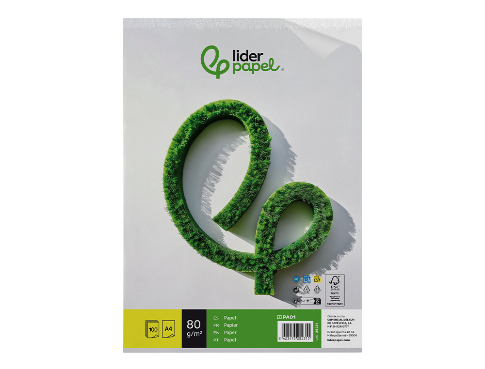 PAPIER ÉCRITURE LIDERPAPEL A4 210X297MM BLANCHEUR EXTRA OPACITÉ 80G/M2 PAQUET 100 FEUILLES