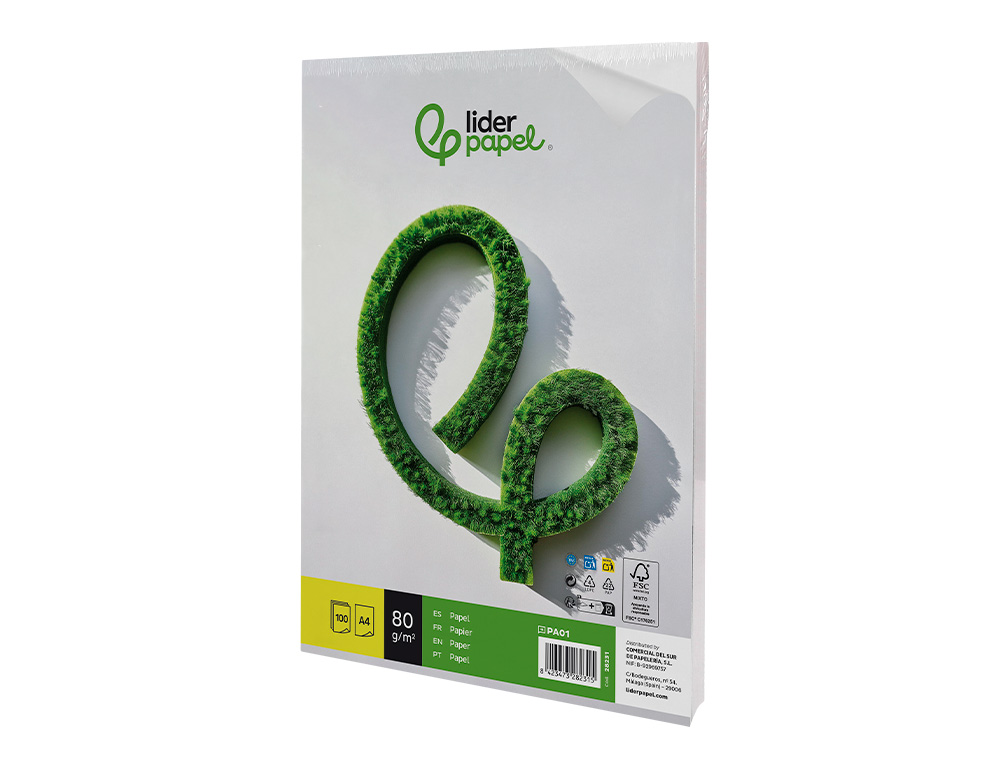 PAPIER ÉCRITURE LIDERPAPEL A4 210X297MM BLANCHEUR EXTRA OPACITÉ 80G/M2 PAQUET 100 FEUILLES