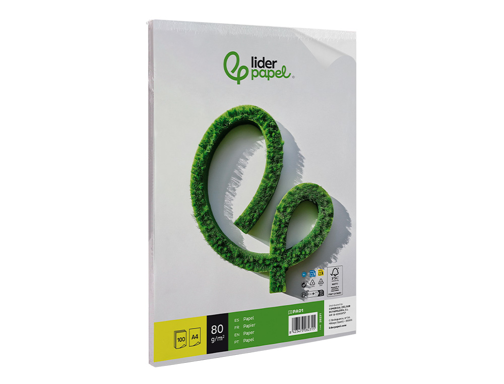 PAPIER ÉCRITURE LIDERPAPEL A4 210X297MM BLANCHEUR EXTRA OPACITÉ 80G/M2 PAQUET 100 FEUILLES