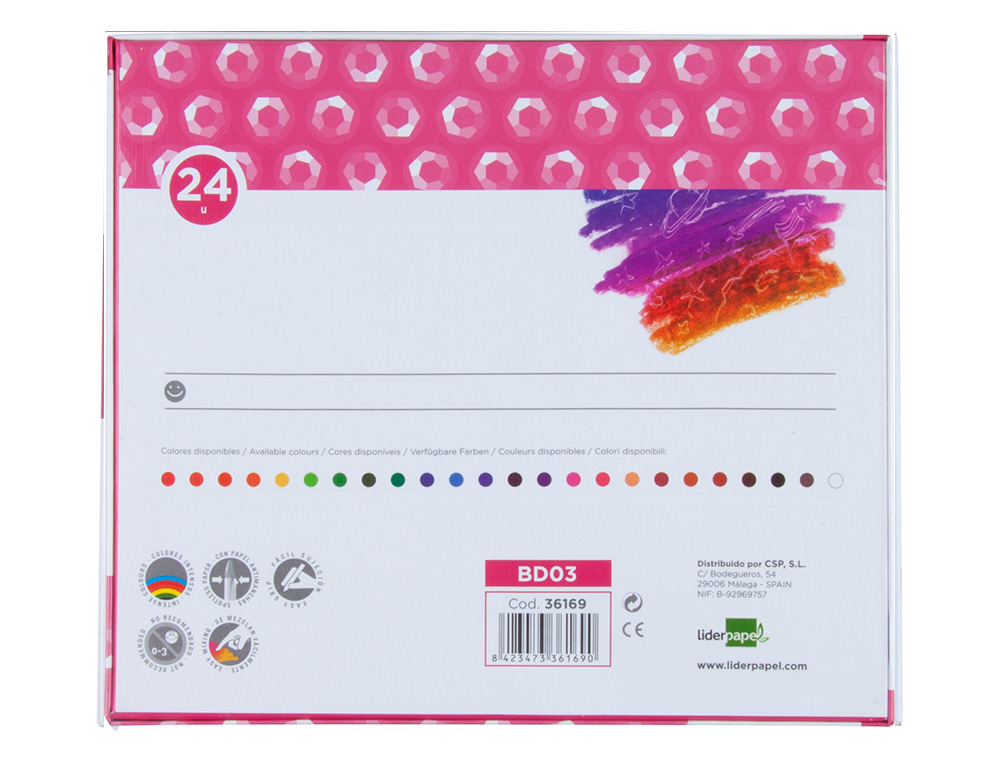 CRAYON CIRE LIDERPAPEL 75MM DIAMTRE 12MM TAILLE-CRAYONS ET PORTE-CRAYONS OFFERTS COLORIS BRILLANTS BOTE 24 UNITS