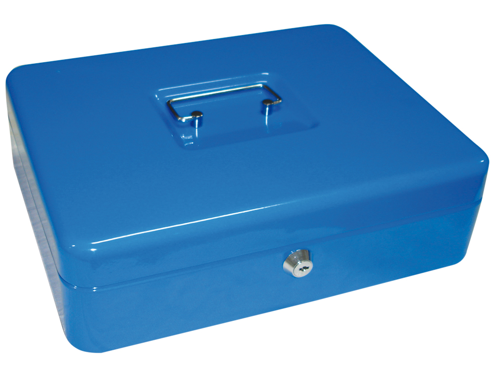 CAISSE MONNAIE Q-CONNECT STRUCTURE ACIER 0.8MM ÉPAISSEUR PLATEAU AMOVIBLE ESPACE BILLETS 300X240X90MM COLORIS BLEU