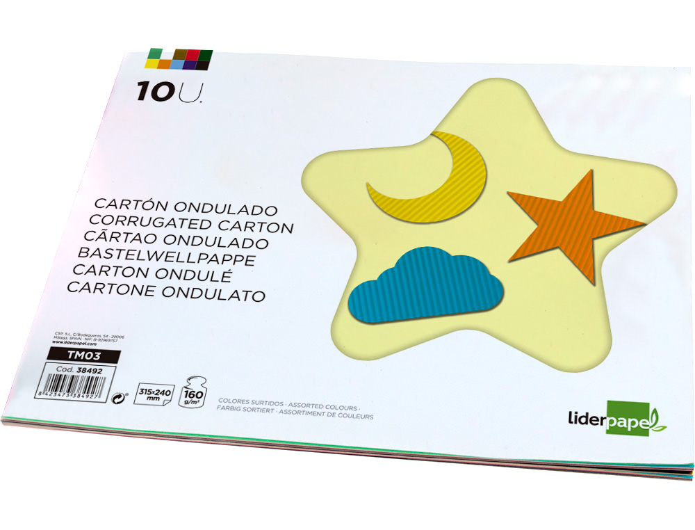 CARTON ONDULÉ LIDERPAPEL A4+ 24X31,5CM 160G/M2 COLORIS ASSORTIS BLOC 10F
