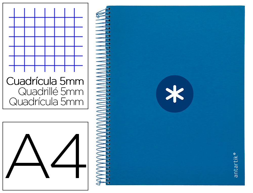 CAHIER SPIRALE ANTARTIK A4 240P 90G REMBORDE 5X5MM       MICROPERFORE 5 BANDES 4 TROUS COLORIS BLEU MARINE
