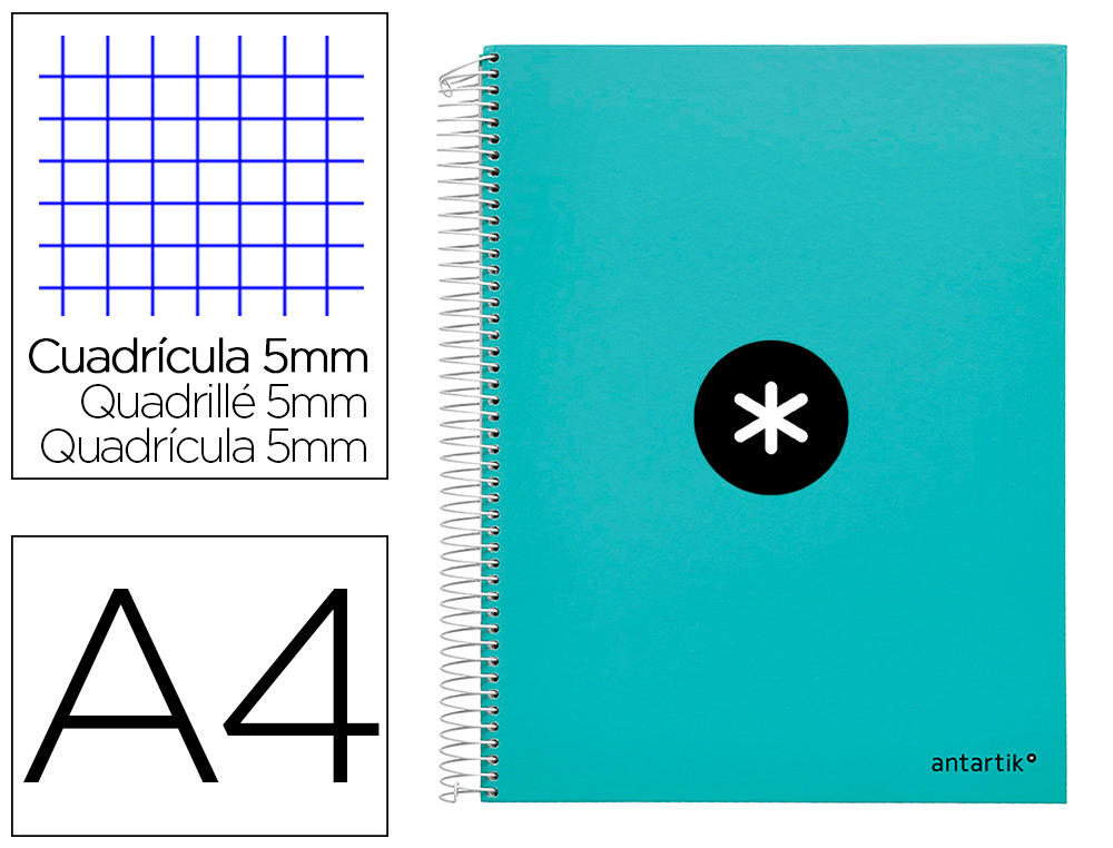 CAHIER SPIRALE ANTARTIK A4 240P 90G REMBORDE QUADRILLAGE 5MM MICROPERFORE 5 BANDES 4   TROUS COLORIS MENTHE