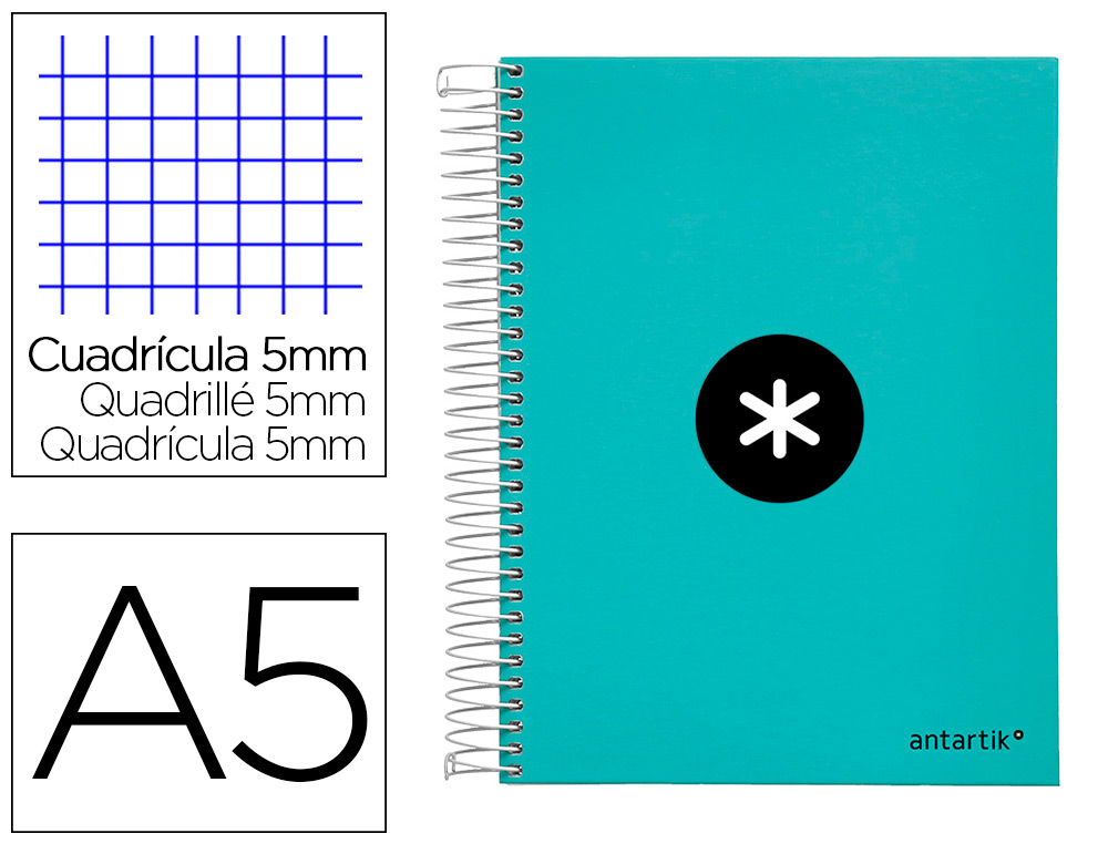 CAHIER SPIRALE ANTARTIK A5 240P 90G REMBORDE QUADRILLAGE 5MM MICROPERFORE 5 BANDES 6   TROUS COLORIS MENTHE
