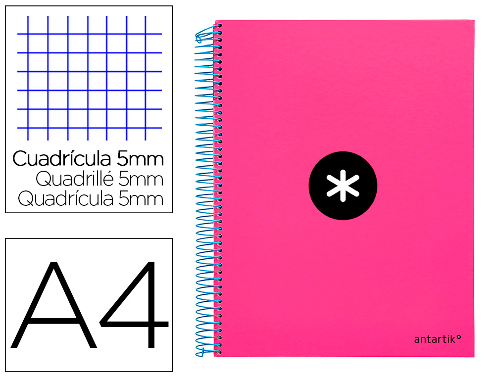 CAHIER SPIRALE ANTARTIK A4 240P 90G COUVERTURE REMBORDEE QUADRILLAGE 5MM 4 TROUS       COIL-LOCK COLORIS ROSE FLUO