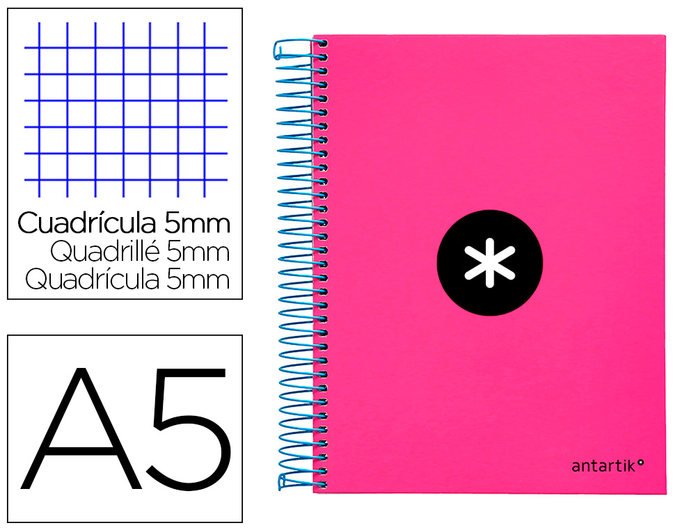 CAHIER SPIRALE ANTARTIK A5 240P 90G COUVERTURE REMBORDEE QUADRILLAGE 5MM 6 TROUS       COIL-LOCK COLORIS ROSE FLUO