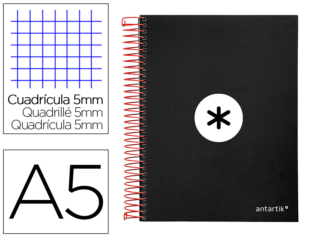CAHIER SPIRALE ANTARTIK A5 240P 90G COUVERTURE REMBORDEE QUADRILLAGE 5MM 6 TROUS       COIL-LOCK COLORIS NOIR