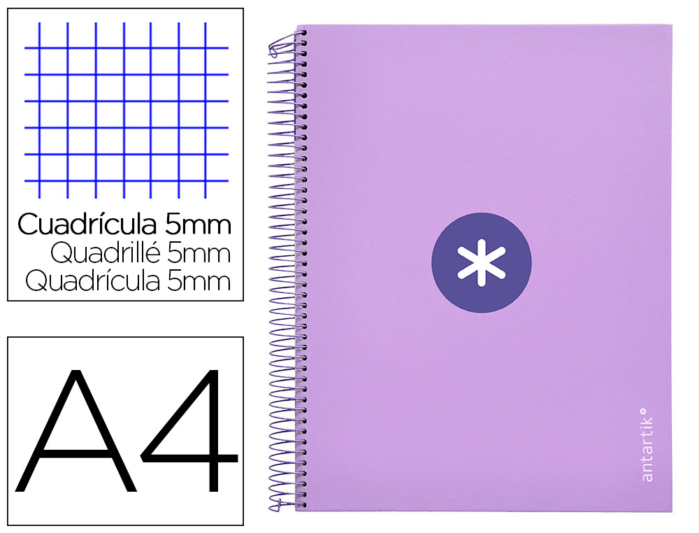 CAHIER SPIRALE ANTARTIK A4 240P 90G REMBORDE QUADRILLAGE 5MM MICROPERFORE 5 BANDES 4   TROUS COLORIS LAVANDE