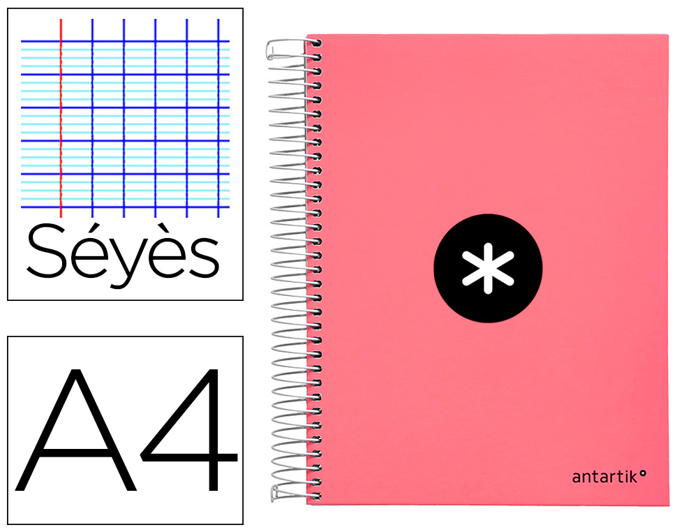 CAHIER SPIRALE ANTARTIK A4 100G COUVERTURE REMBORDEE     SEYES SANS BANDES 4 TROUS     COLORIS CORAIL