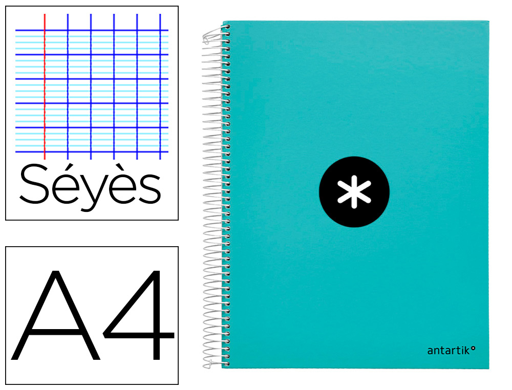 CAHIER SPIRALE ANTARTIK A4 100G COUVERTURE REMBORDEE     SEYES SANS BANDES 4 TROUS     COLORIS MENTHE