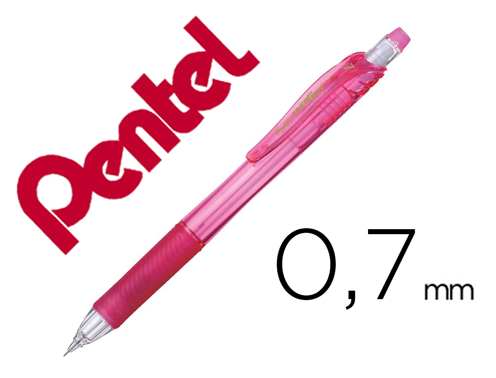 PORTE-MINES PENTEL ENERGIZE CANON FIXE MINE 0,7MM GRIP    CAOUTCHOUC GOMME AVEC CAPUCHONCORPS COLORIS ROSE TRANSLUCIDE