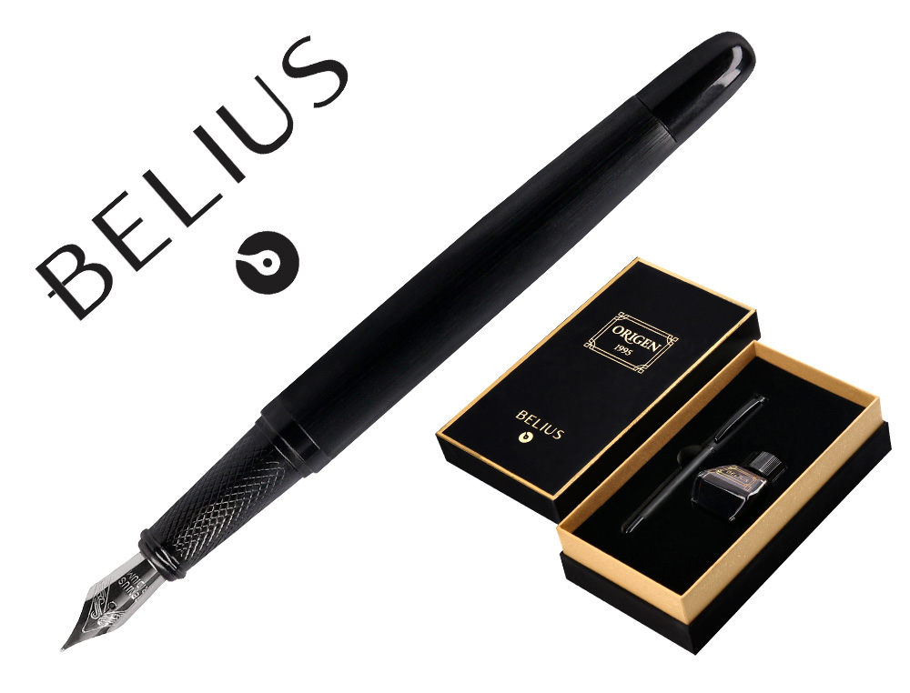 STYLO-PLUME ET FLACON D'ENCRE BELIUS ORIGEN ALUMINIUM       BROSSE ENCRE NOIRE COLORIS    NOIR DANS COFFRET CADEAU