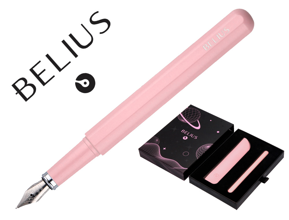 STYLO-PLUME ET ETUI EN SIMILI CUIR BELIUS SPACE B MONOCHROME SANS AGRAFE ENCRE BLEUE COLORIS ROSE DANS COFFRET CADEAU