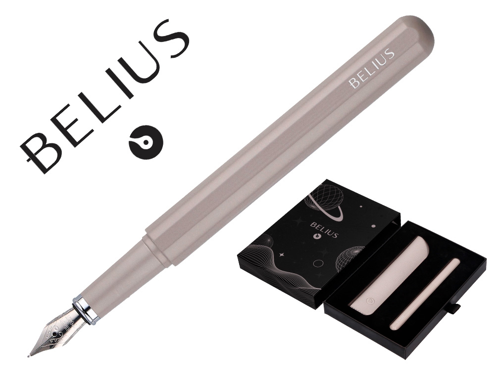 STYLO-PLUME ET ETUI EN SIMILI CUIR BELIUS SPACE B MONOCHROME SANS AGRAFE ENCRE BLEUE COLORIS GRIS DANS COFFRET CADEAU