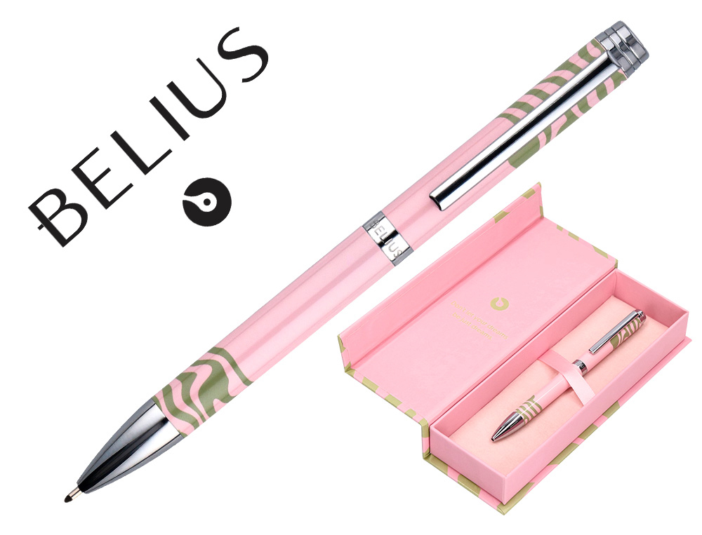 STYLO-BILLE BELIUS INK DREAMS ALUMINIUM ATTRIBUTS ARGENT ENCRE BLEUE COLORIS ROSE ONDULATIONS VERT MATCHA COFFRET CADEAU