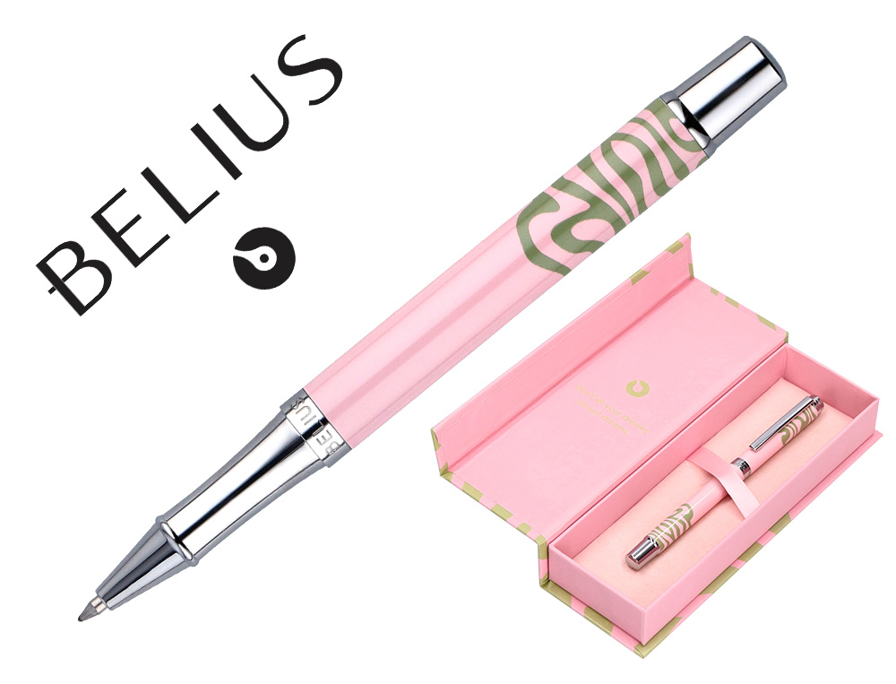 ROLLER BELIUS INK DREAMS ALUMINIUM ATTRIBUTS ARGENT ENCRE NOIRE COLORIS ROSE ONDULATIONS VERT MATCHA DANS COFFRET CADEAU