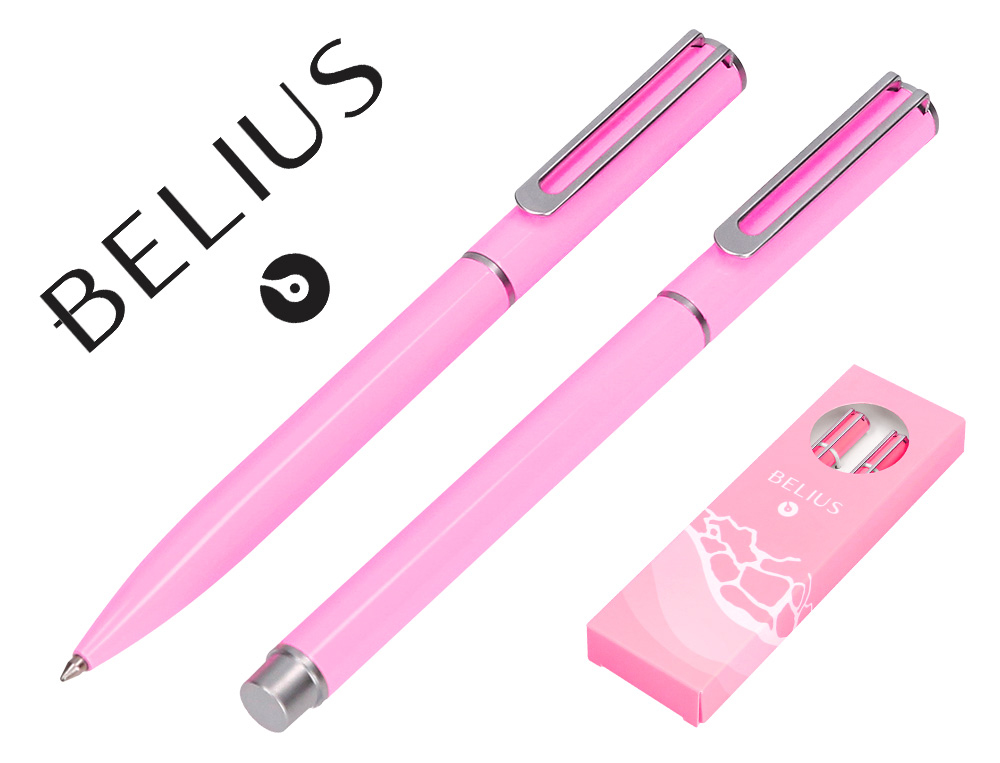 PARURE STYLO-BILLE ET ROLLER BELIUS ENDLESS SUMMER ALUMINIUM ATRIBUTS ARGENT ENCRE BLEUE COLORIS ROSE COFFRET CADEAU