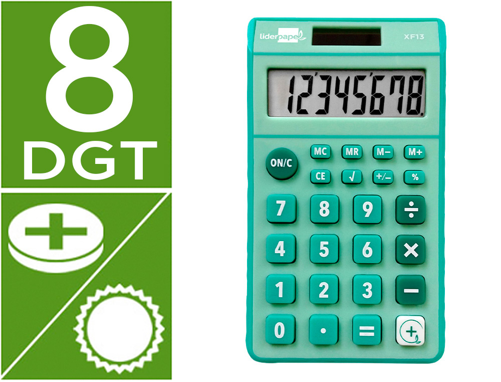 CALCULATRICE DE POCHE LIDERPAPEL XF13 8 CHIFFRES    SOLAIRE ET PILES 115X65X8 MM  COLORIS VERT