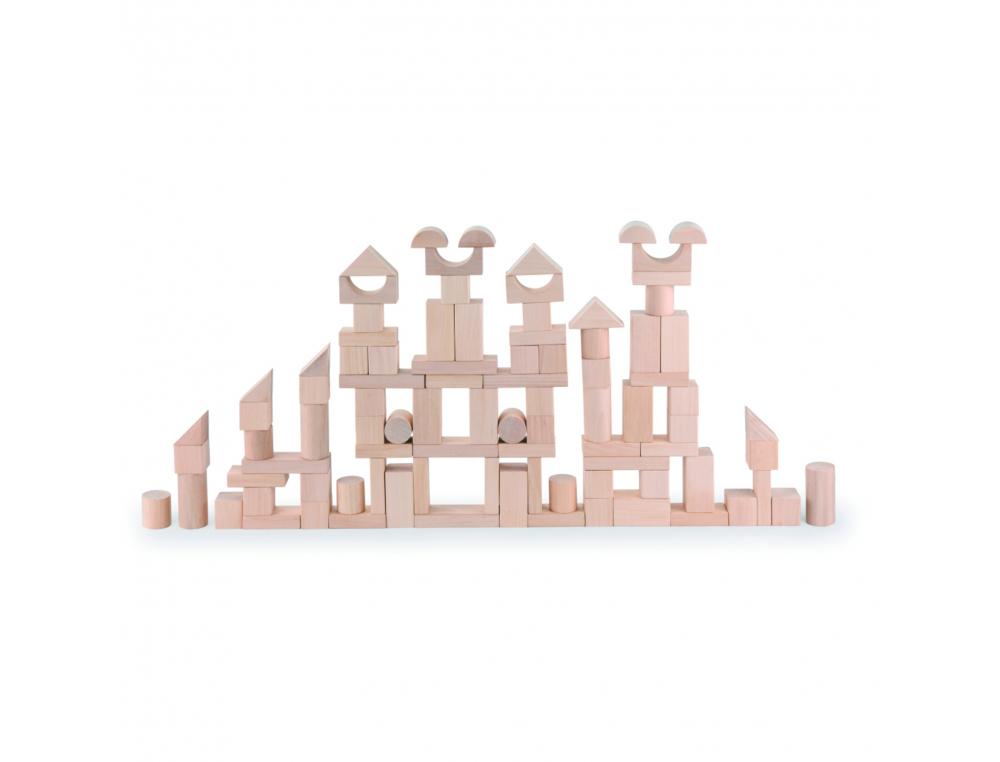 BLOCS EN BOIS NATUREL ANDREU TOYS ENSEMBLE DE CONSTRUCTION 100 PIECES 1 GUIDE AVEC 18    MODELES