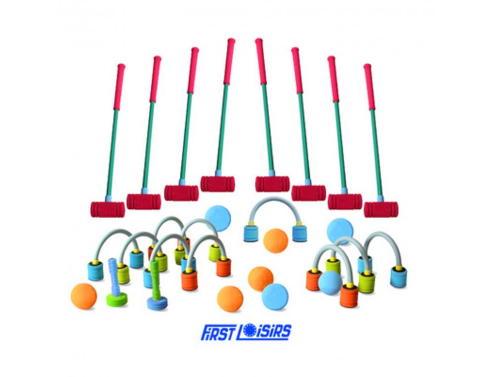 CROQUET FIRST LOISIRS MAXI SET DE CROQUET EN MOUSSE8     MAILLETS 8 BOULES 2 PIQUETS   MOUSSE CAOUTCHOUC 10 ARCEAUX