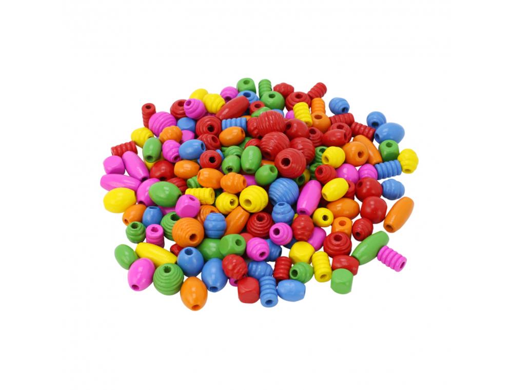 PERLE BOIS OCOLOR 12-16-20-25MM 10 FORMES       ASSORTIES 6 COLORIS ASSORTIS  LOT DE 500G