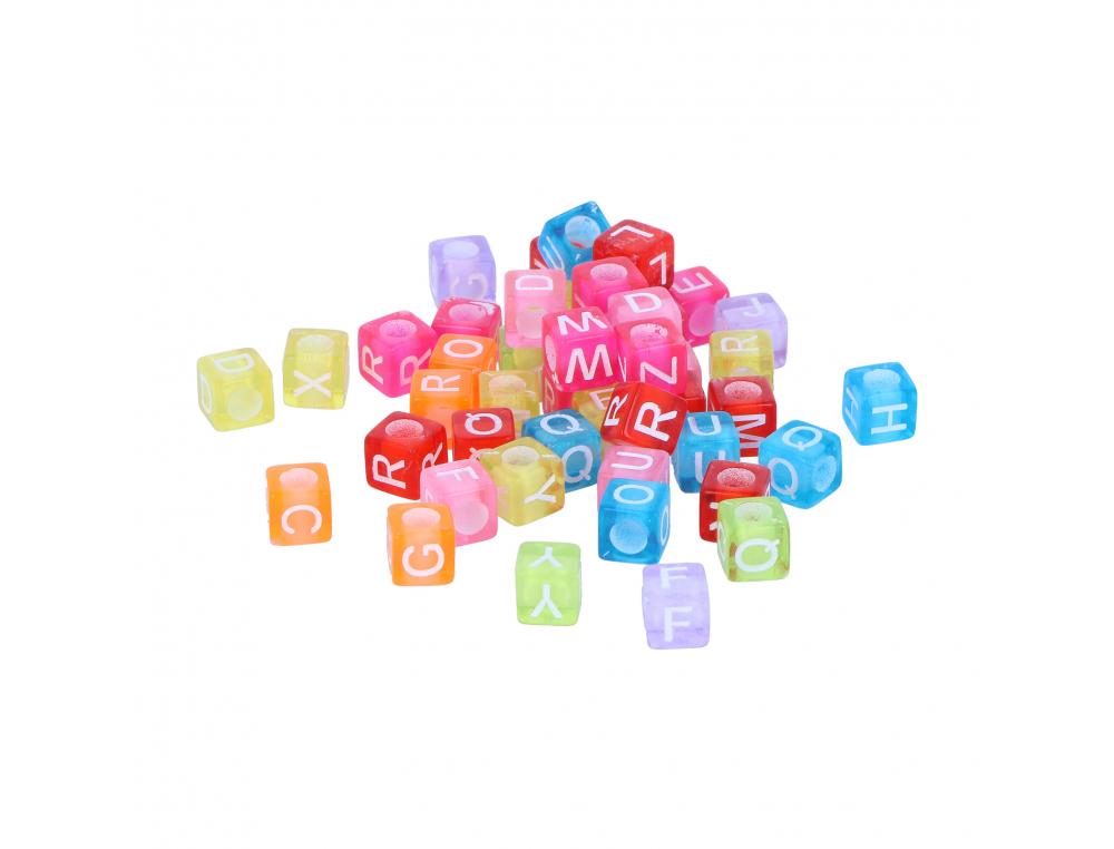 PERLE PLASTIQUE INNSPIRO FORME CARREE 6MM IMPRIMEE     ALPHABET BLANC COLORIS        TRANSPARENTS PASTELS ASSORTIS