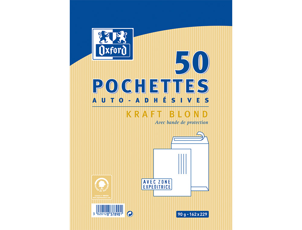 POCHETTES OXFORD KRAFT AUTO ADHESIVES AVEC BANDE DE       PROTECTION 162X229MM 50       UNITES