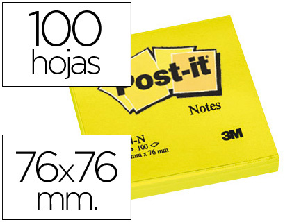 BLOC-NOTES POST-IT COULEURS NON 76X76MM 100F REPOSITIONNABLES COLORIS JAUNE FLUO