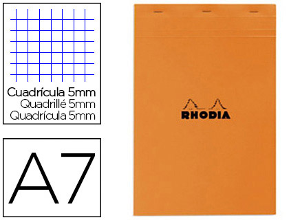 BLOC BUREAU RHODIA A7 PAPIER VLIN SURFIN COUVERTURE ENDUITE ENVELOPPANTE 74X105MM 80F DTACHABLES 80G 5X5MM ORANGE