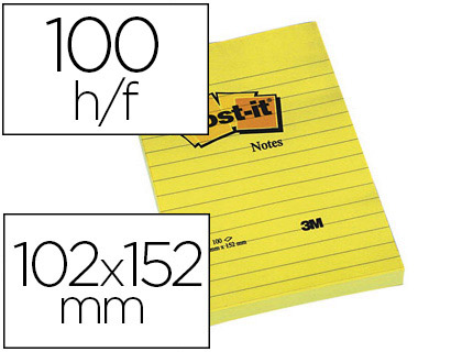 BLOC-NOTES POST-IT GRAND FORMAT 102X152MM 100F LIGNES REPOSITIONNABLES COLORIS JAUNE