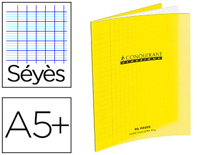 CAHIER PIQU CONQURANT CLASSIQUE COUVERTURE POLYPROPYLNE RIGIDE TRANSPARENTE A5+ 17X22M 60 PAGES 90G SYS JAUNE