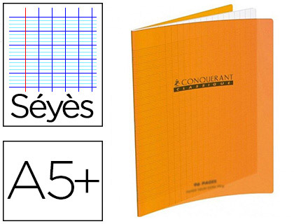 CAHIER PIQU CONQURANT CLASSIQUE COUVERTURE POLYPROPYLNE RIGIDE TRANSPARENTE A5+ 17X22CM 60 PAGES 90G SYS ORANGE