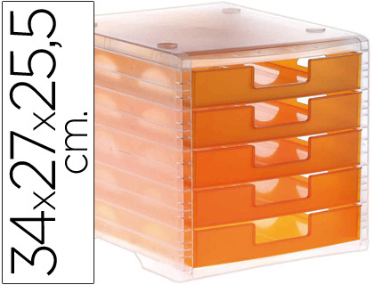 MODULE CLASSEMENT Q-CONNECT 5 TIROIRS OUVERTS BASE 340X270X260MM BUTE SCURIT COLORIS ORANGE TRANSLUCIDE