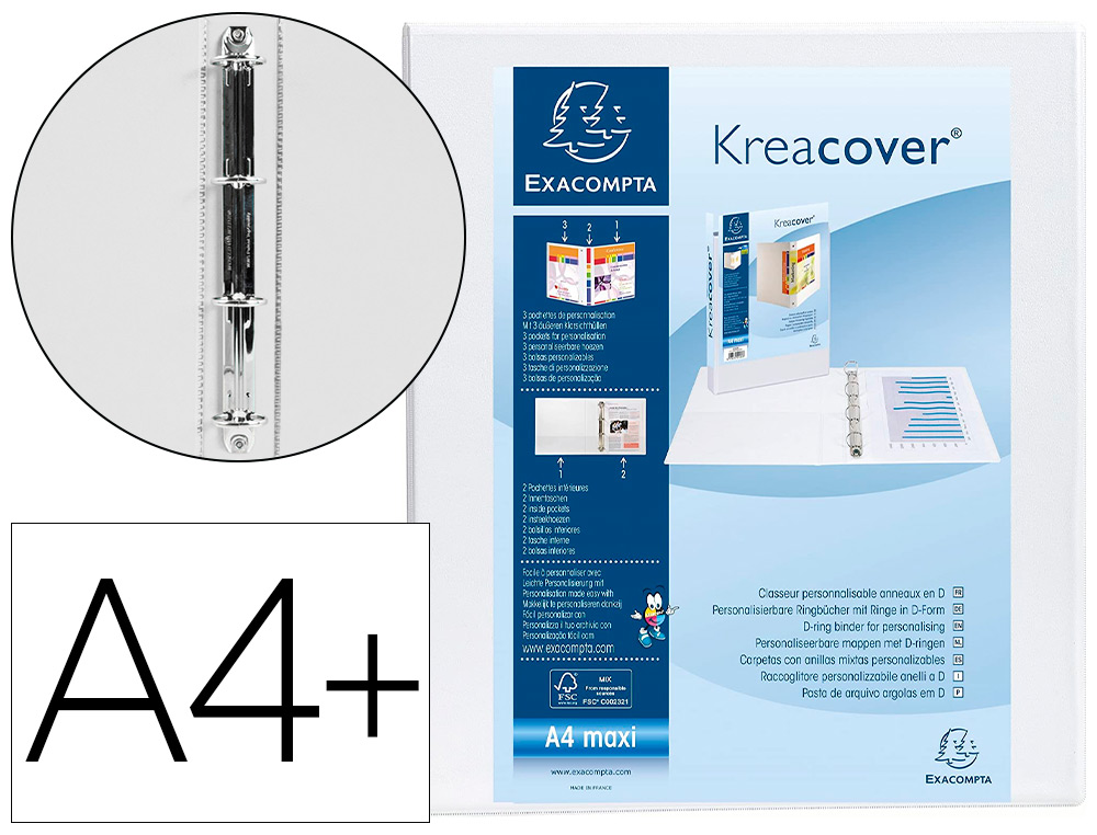 CLASSEUR EXACOMPTA KREACOVER 4 ANNEAUX EN D 20MM A4+ 32X27,3CM PERSONNALISABLE DOS 3,4CM POCHETTES COLORIS BLANC